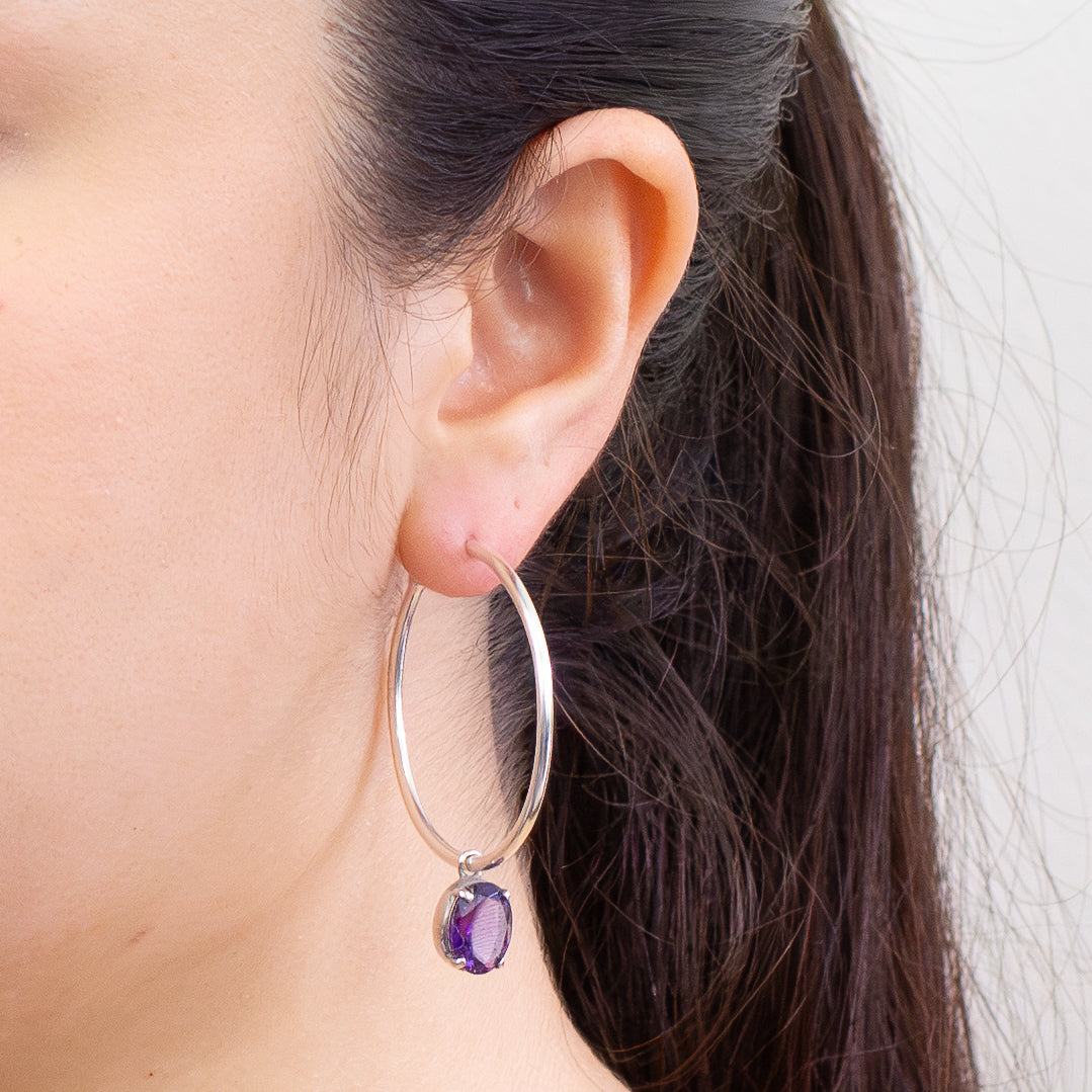 faceted oval amethyst hoop charms sterling silver interchangeable gemstone earring charms purple amethyst jewelry