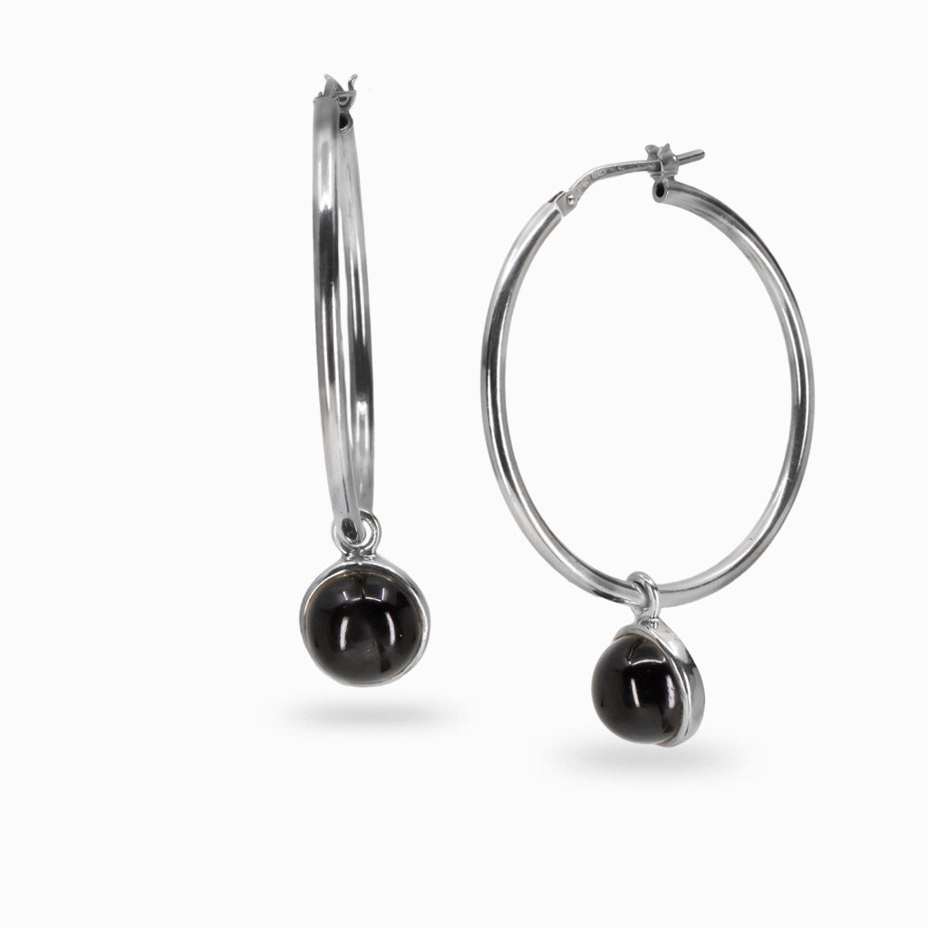 Round black star diopside cabochon hoop charms in sterling silver bezel setting