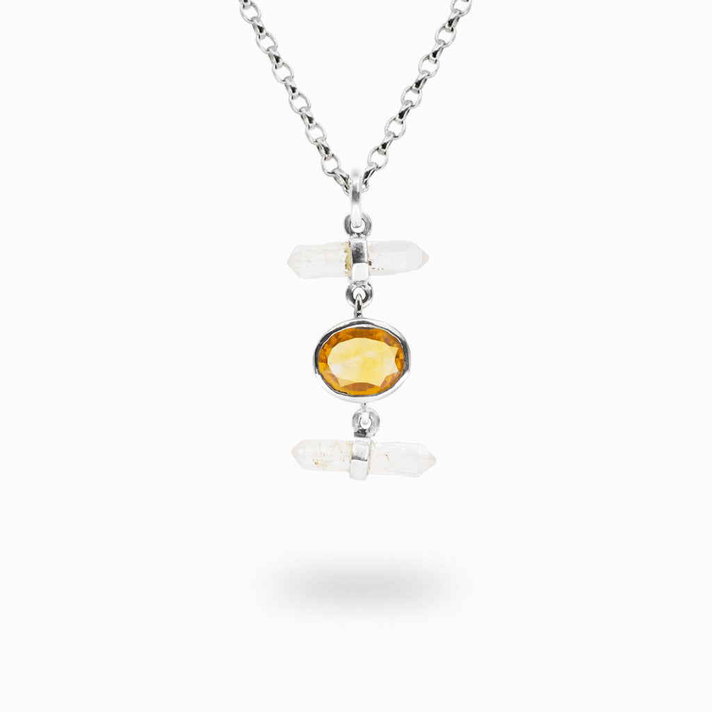 Sterling silver necklace featuring an oval Citrine gemstone accented by double terminated Quartz crystals above and below.