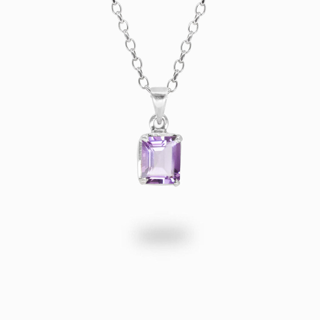 Faceted rectangular amethyst pendant necklace in sterling silver