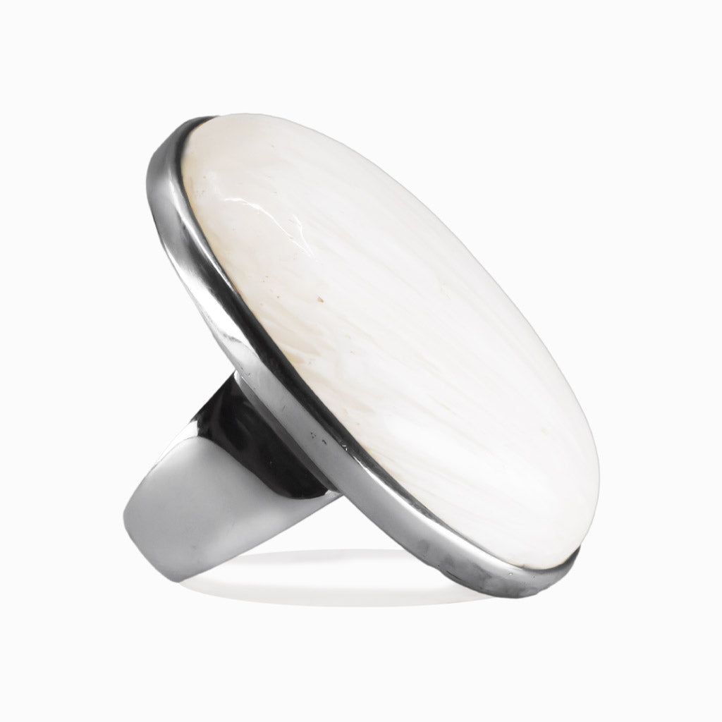CABOCHON OVAL WHITE SCOLECITE RING STERLING SILVER | MADE IN EARTH