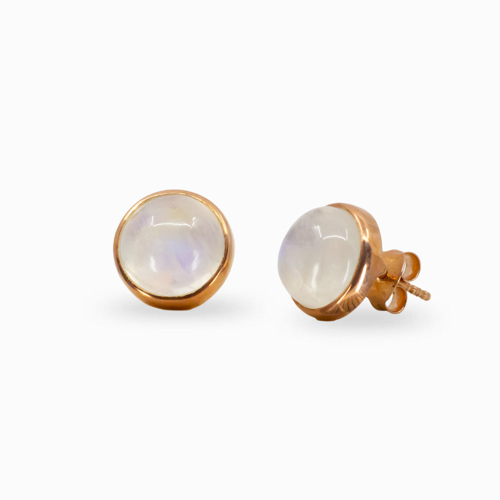 CABOCHON RAINBOW MOONSTONE STUD EARRINGS IN ROSE GOLD VERMEIL FINISH | MADE IN EARTH
