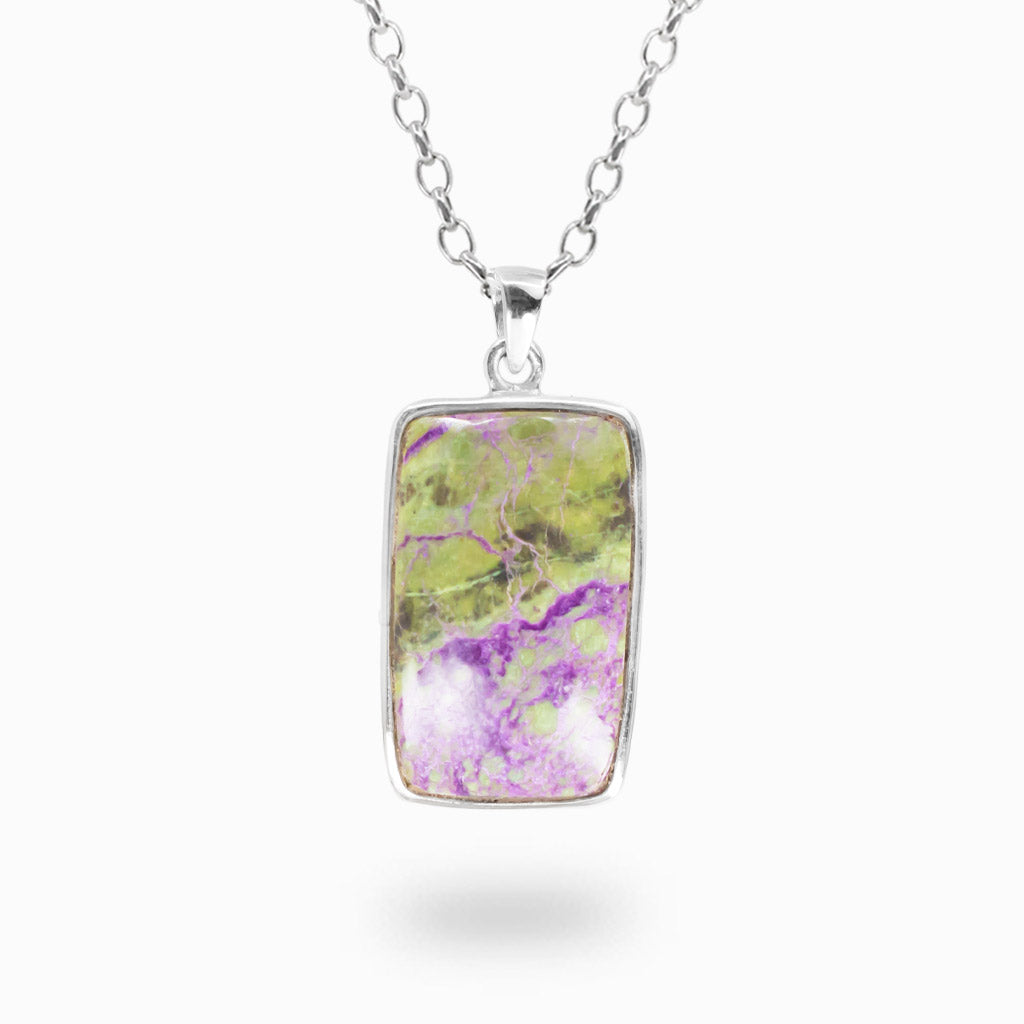 Necklace with a rectangular PURPURITE pendant featuring green and purple patterns on a white background
