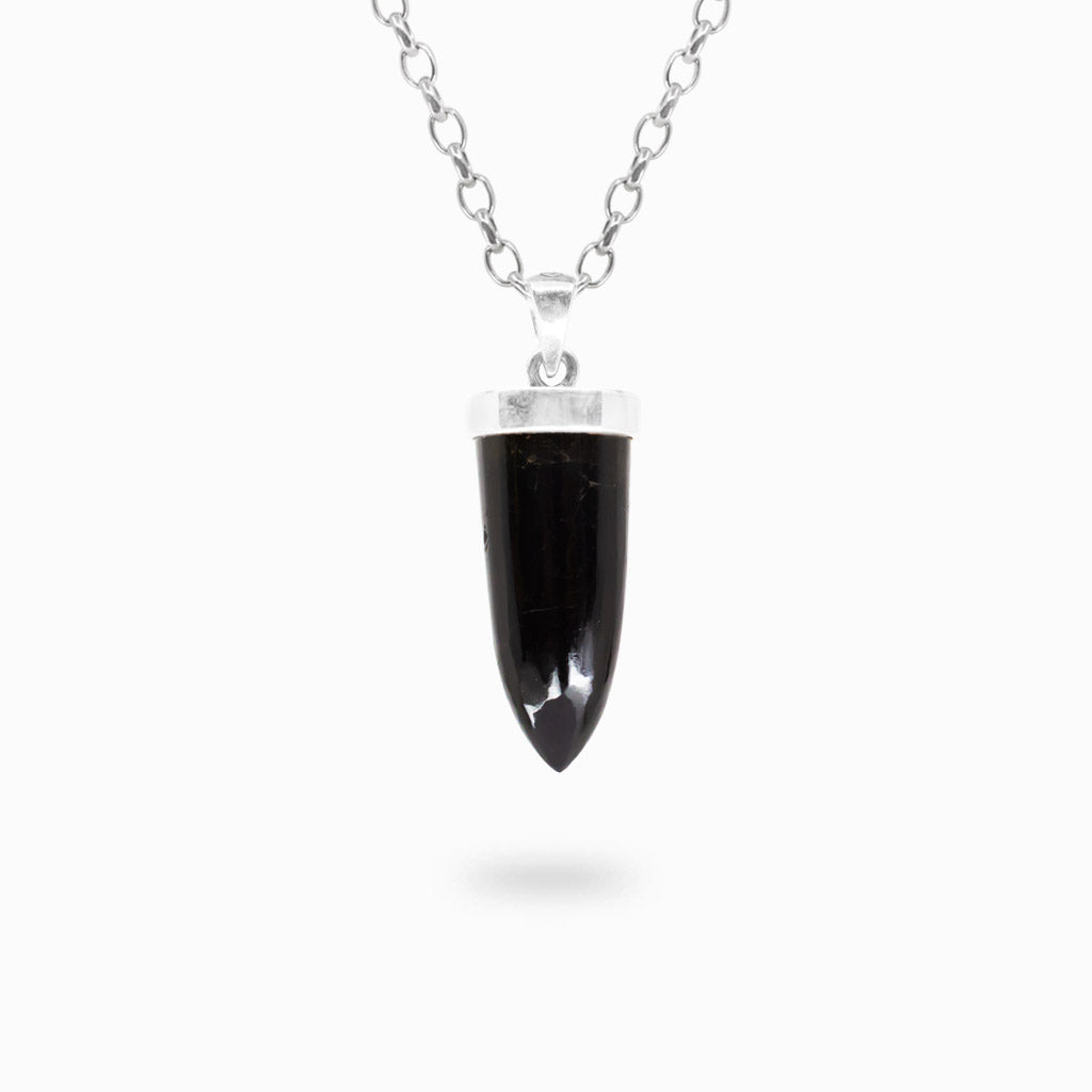Polished black Tourmaline tapered point pendant with a smooth glossy finish and 925 sterling silver cap setting.