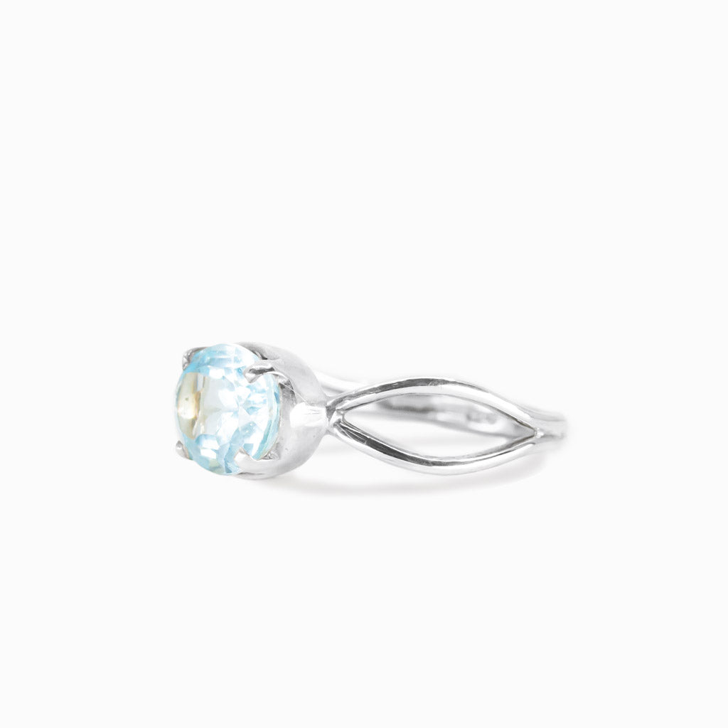Faceted oval blue topaz claw ring in sterling silver