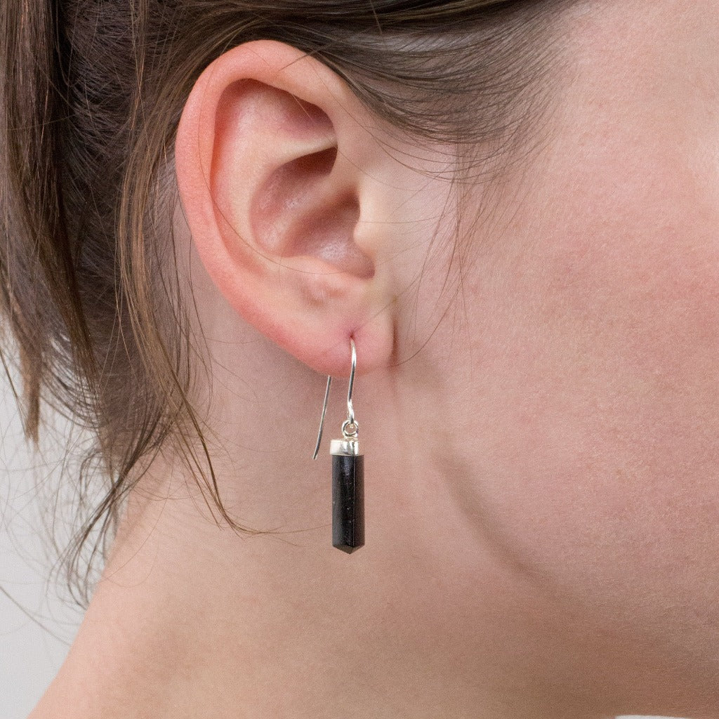 Black Tourmaline drop earrings on model