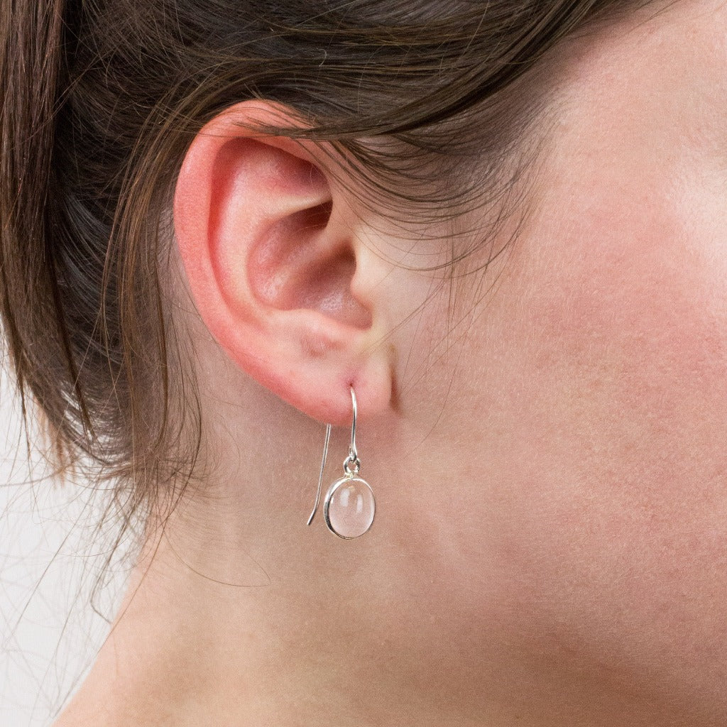 Rose Quartz drop earrings on model