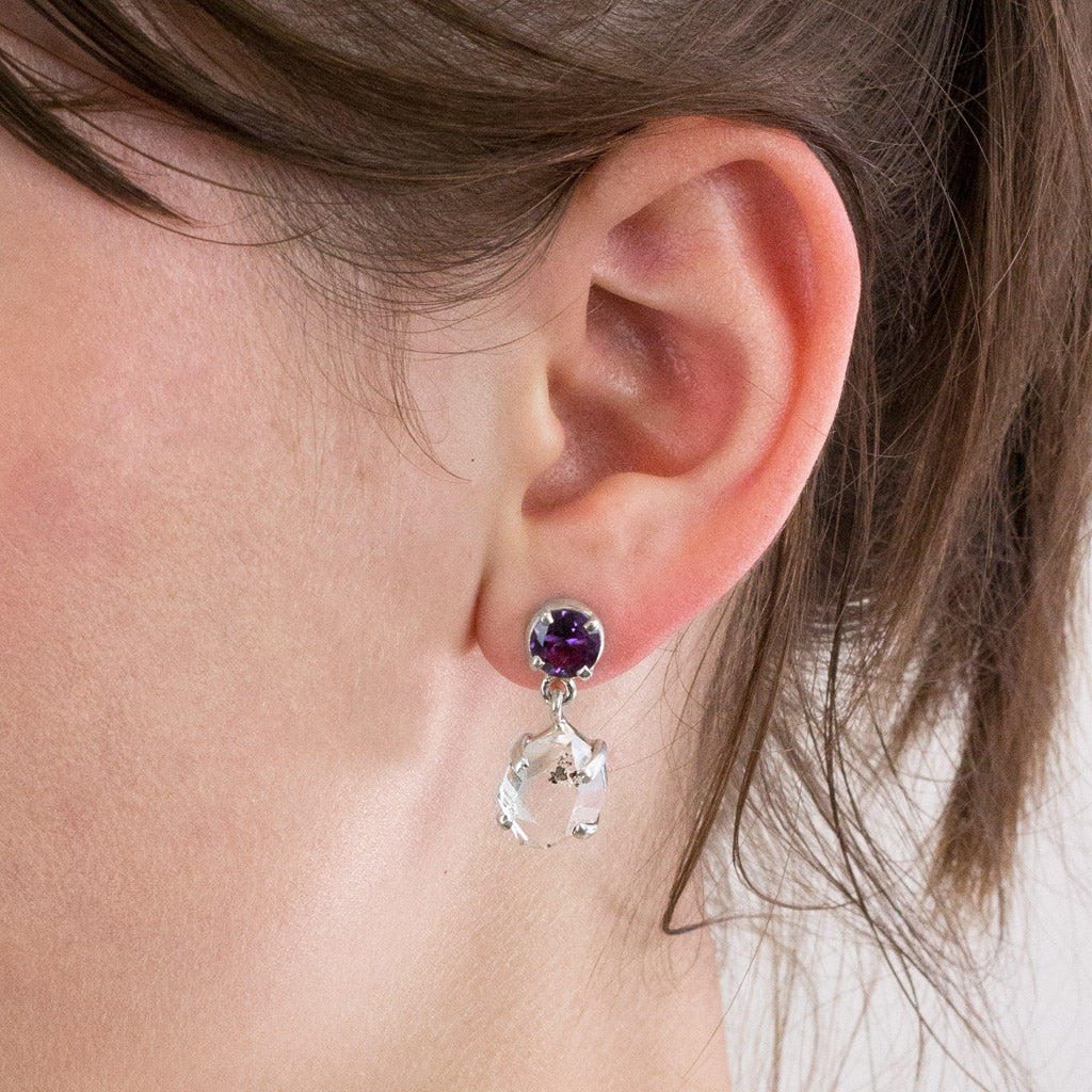 Amethyst and Herkimer Diamond stud drop earrings on model