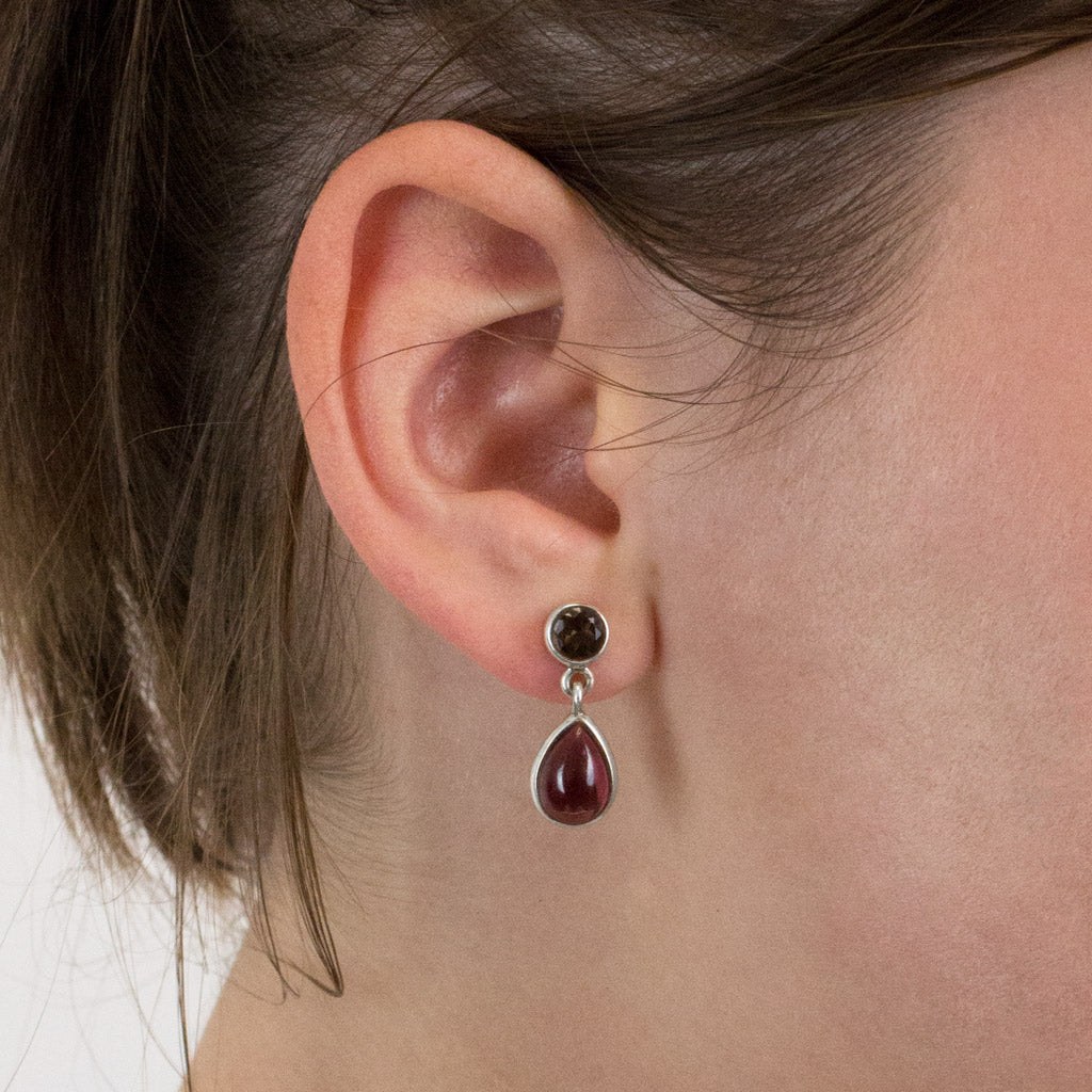 Smokey Quartz and Garnet stud drop earrings on model