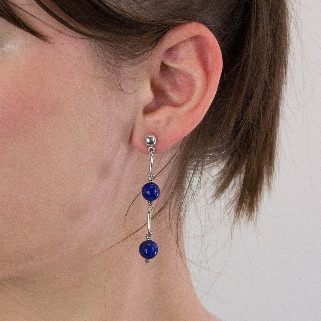Lapis Lazuli bead drop earrings on model
