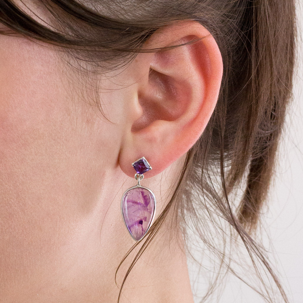 Amethyst and Auralite 23 stud drop earrings on model