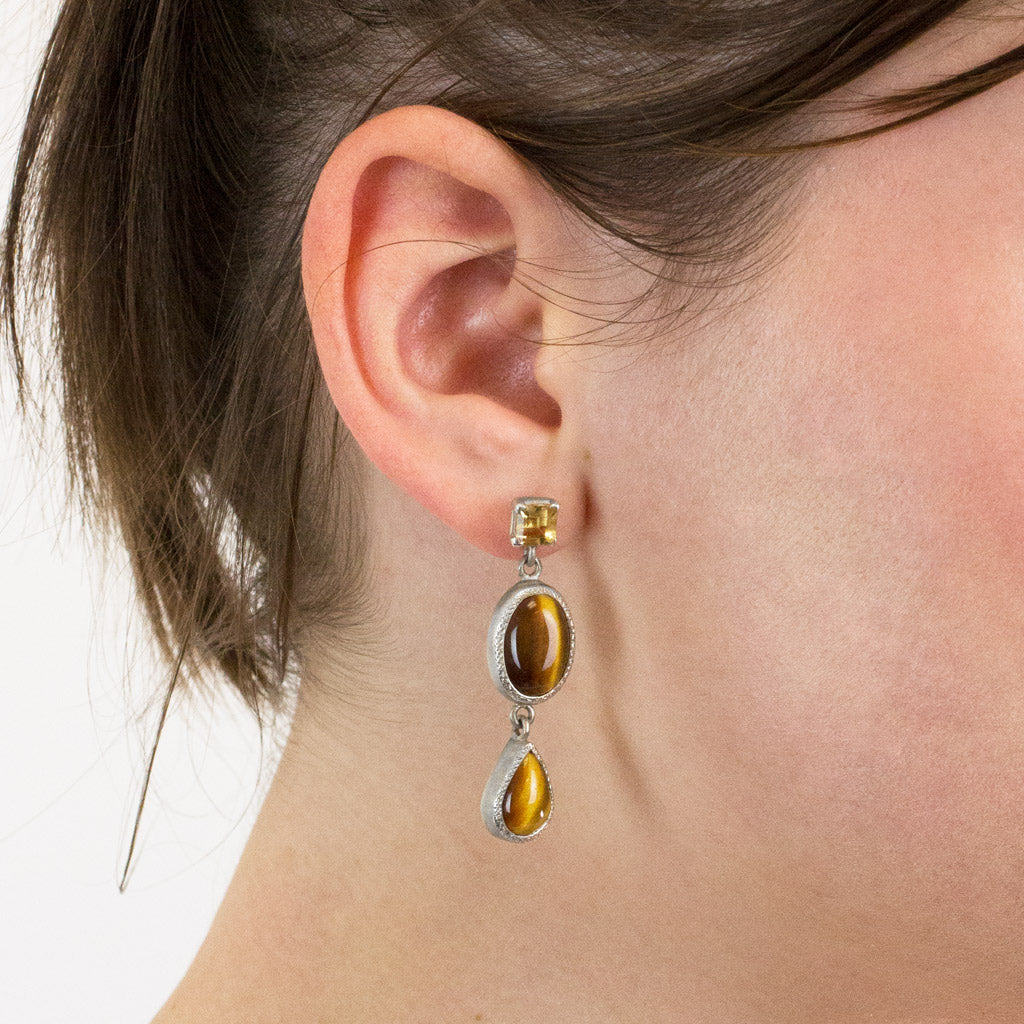 Citrine and Tiger Eye stud drop earrings on model