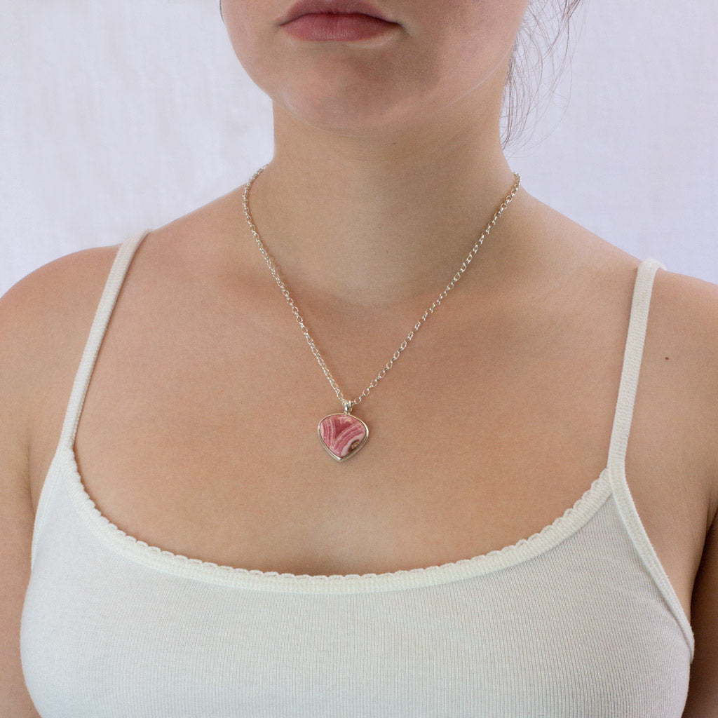 Rhodochrosite necklace on model
