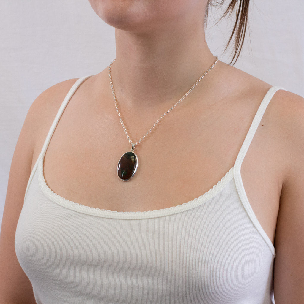 Moss Agate in Bloodstone necklace on model