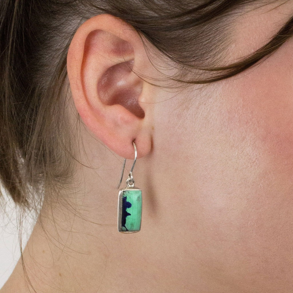 Azurite Malachite drop earrings on model