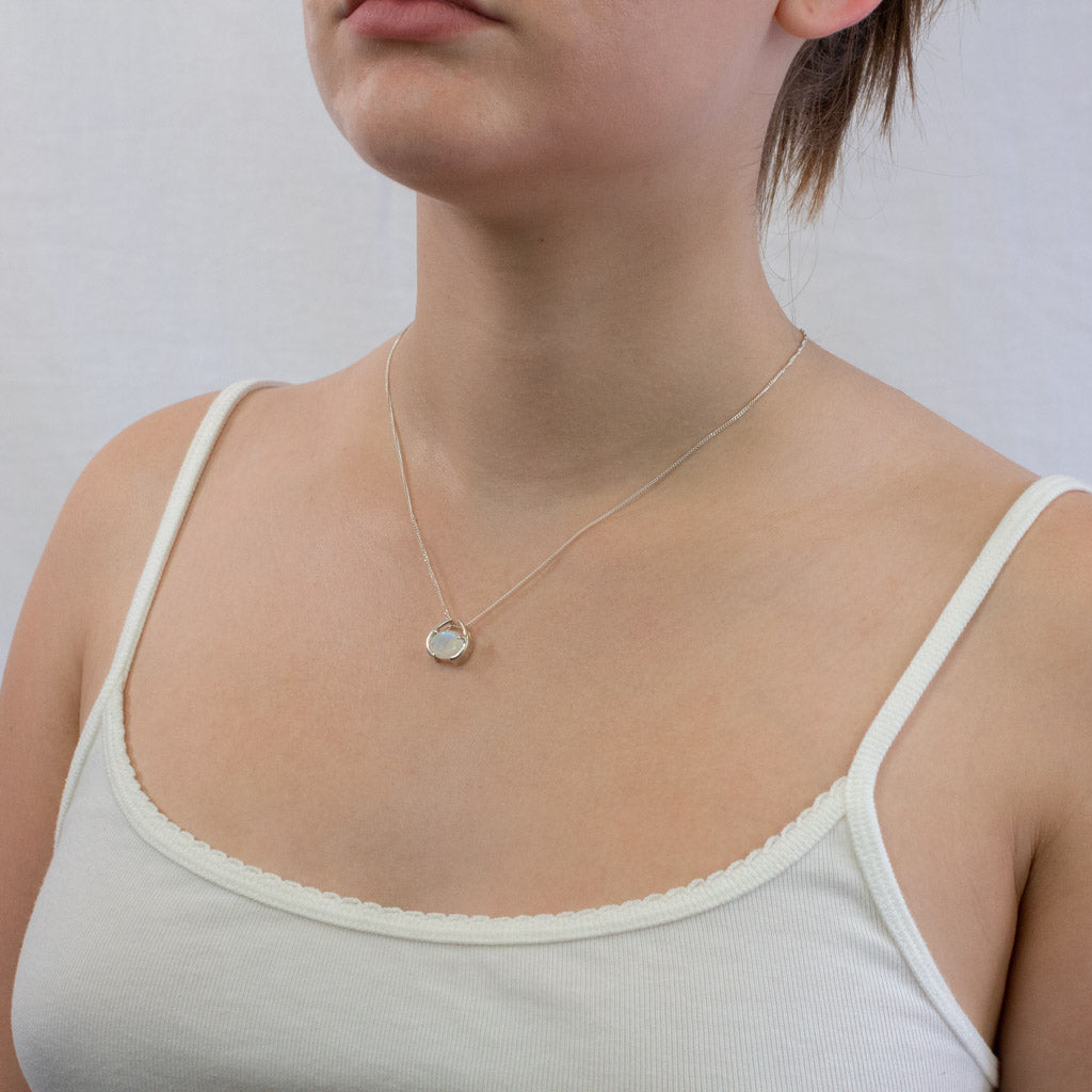 Rainbow moonstone necklace on model
