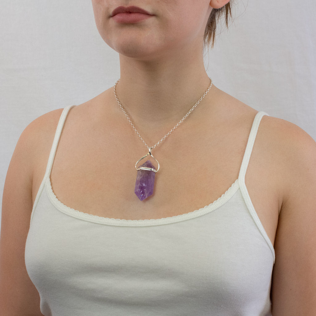 Faceted Point Amethyst necklace on model