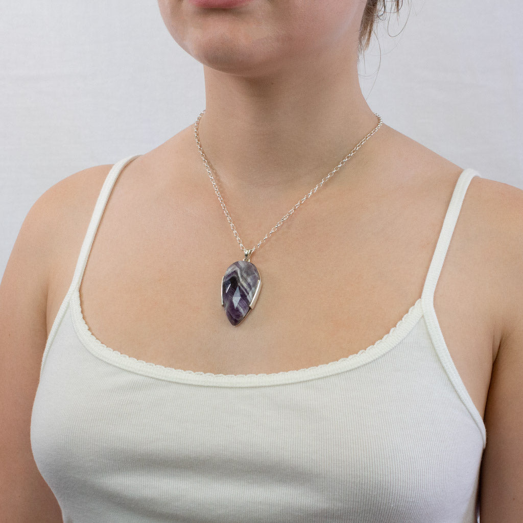 Faceted Tear Chevron Amethyst necklace on model