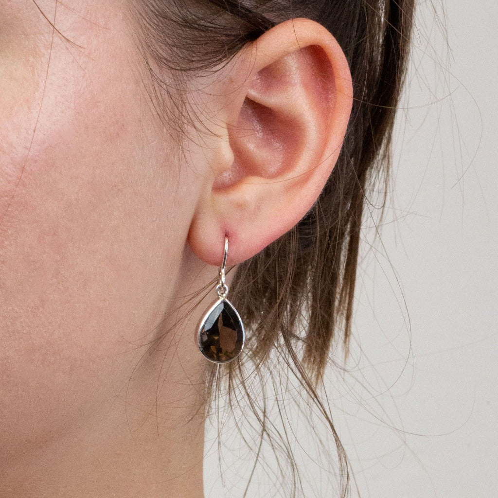 Smokey Quartz drop earrings on model