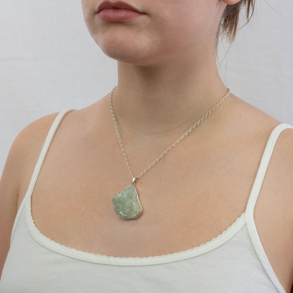 Raw Aquamarine necklace on model