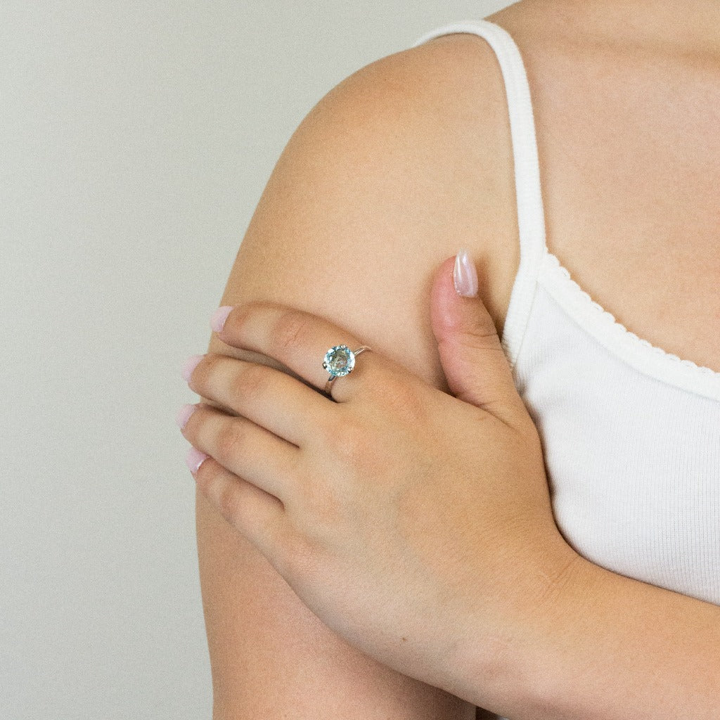 Blue Topaz ring on model