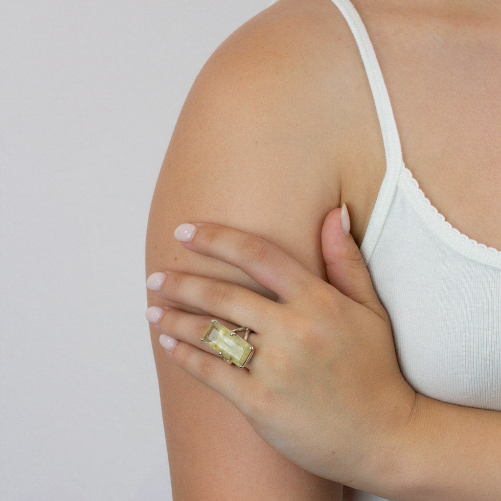 Faceted Rectangle Rutilated Quartz ring on model