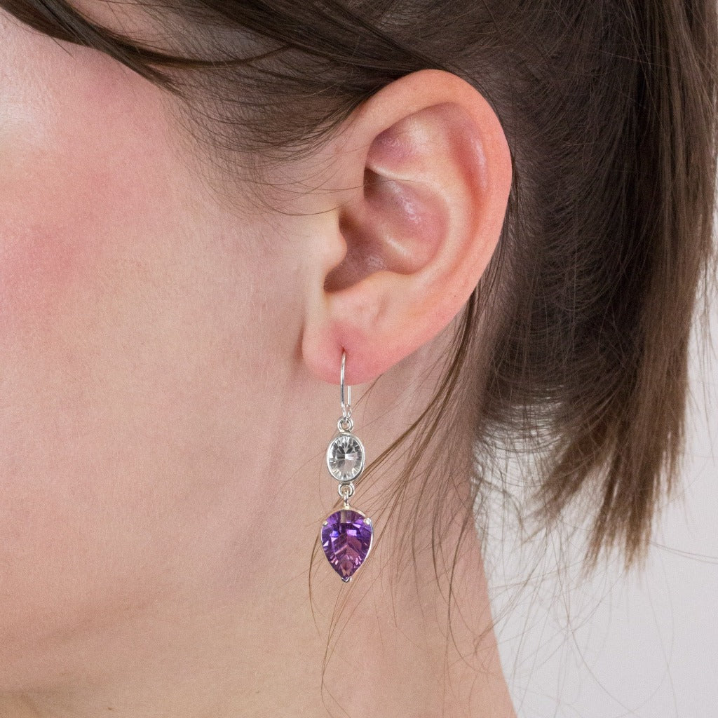 Amethyst and Clear Quartz drop earrings on model