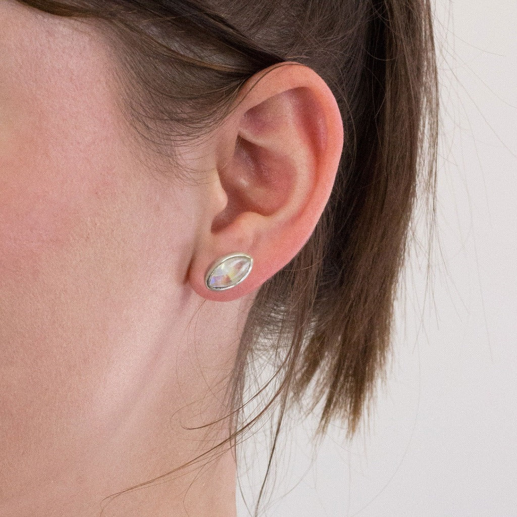 rainbow Moonstone stud earrings on model