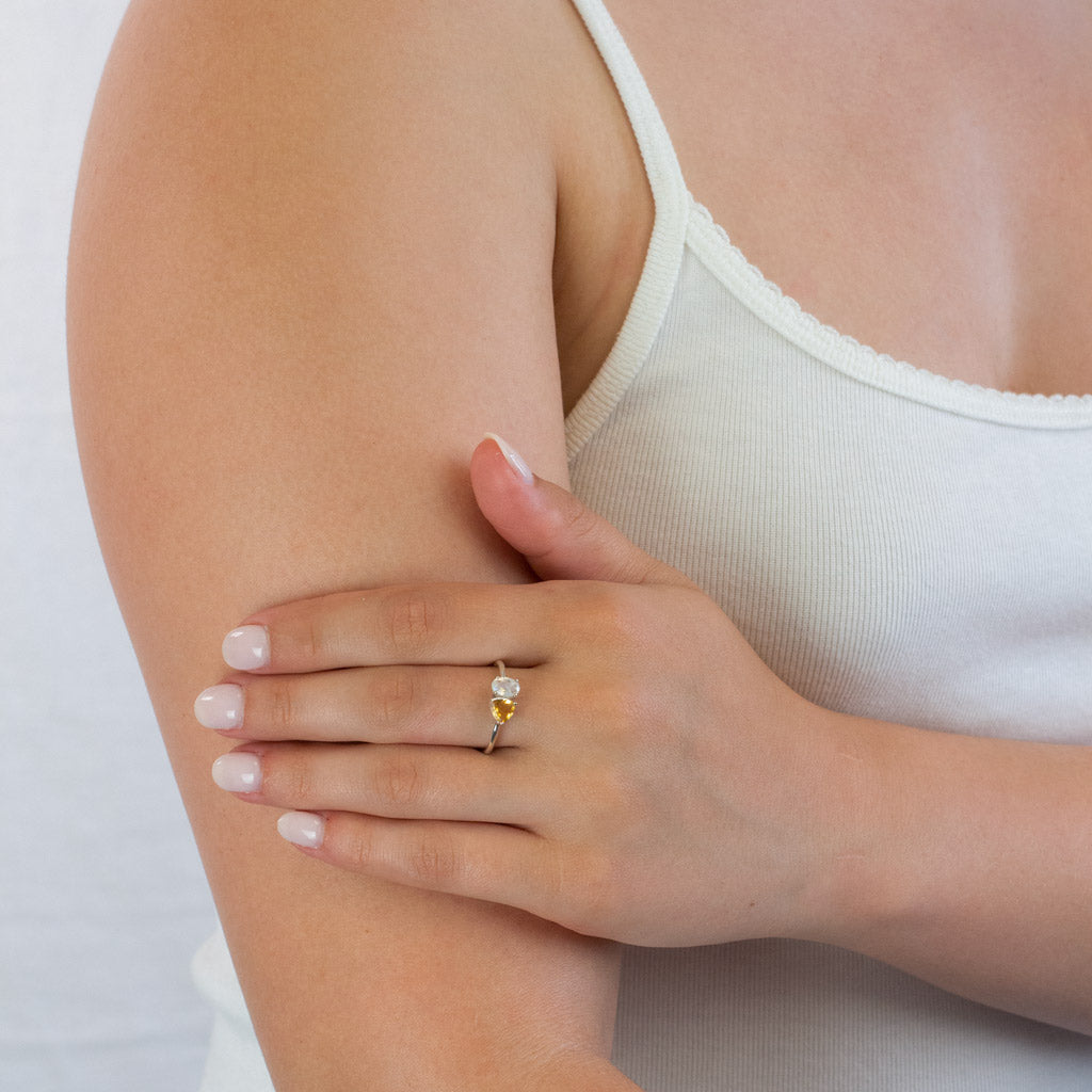 faceted Citrine and Rainbow moonstone ring on model