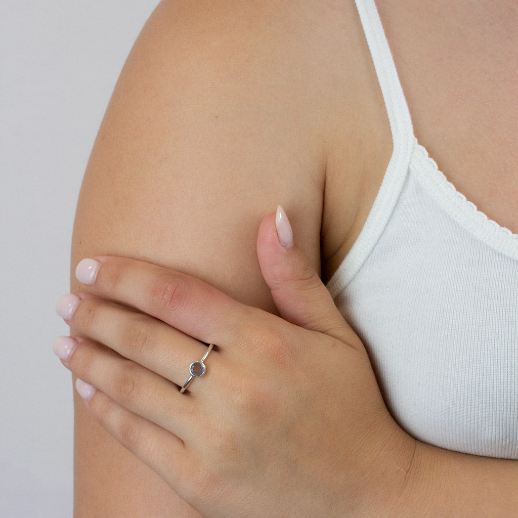 Faceted Round Labradorite ring on model