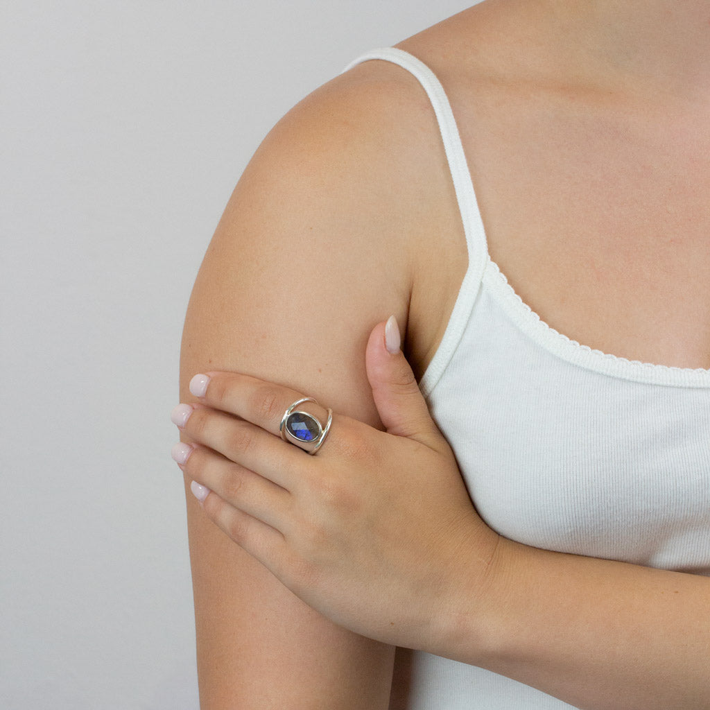 Faceted Labradorite ring on model