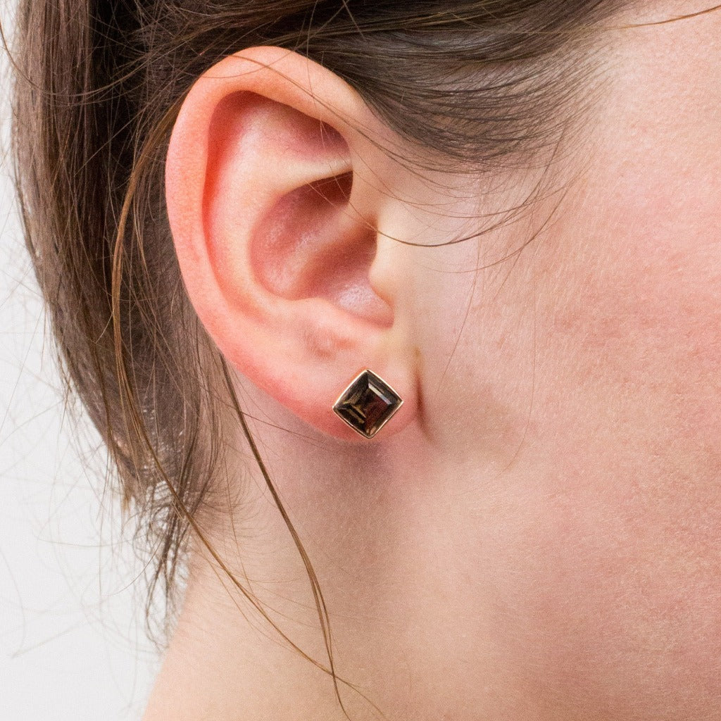 Rose Gold Smokey Quartz earrings on model