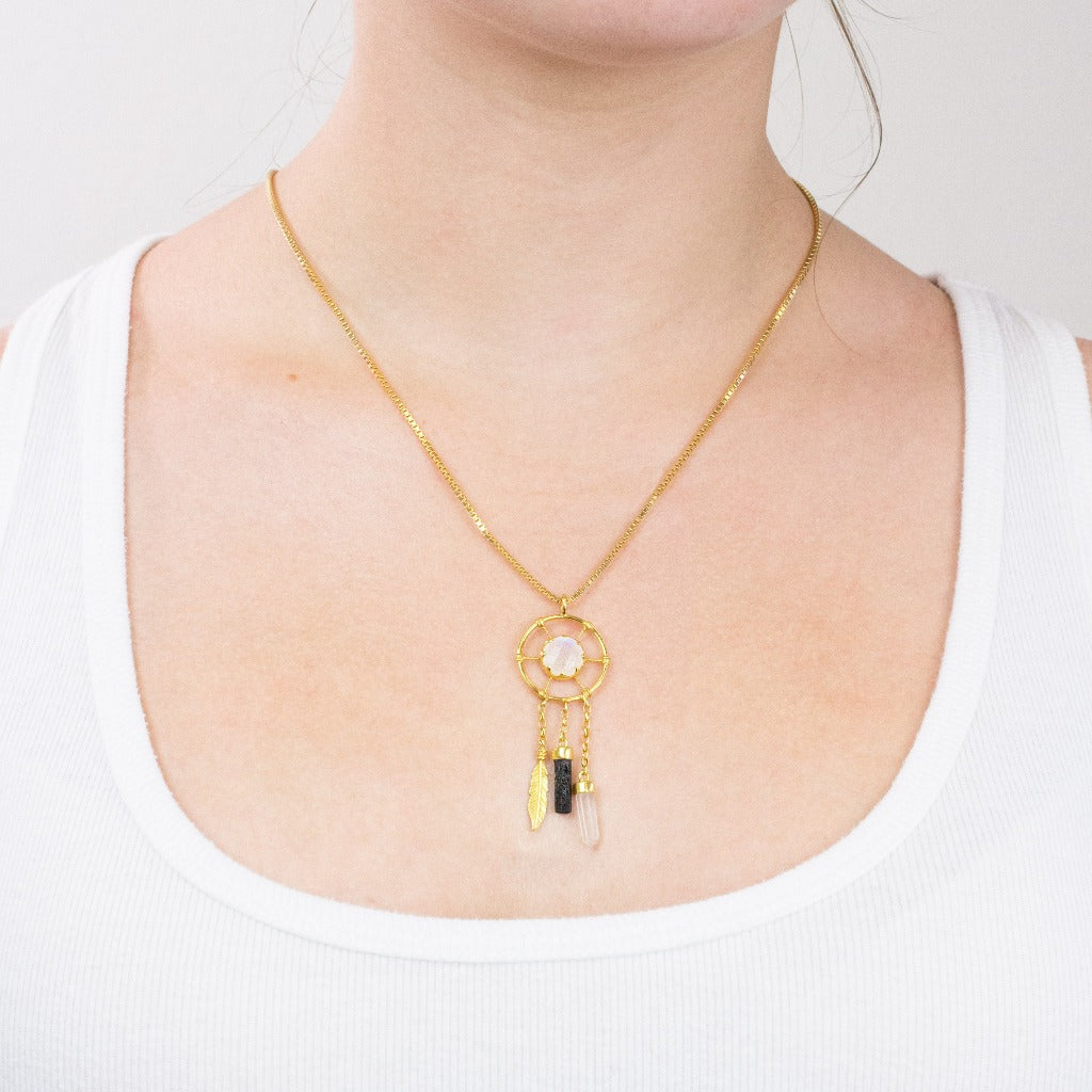 Rainbow Moonstone, Black Tourmaline, and Quartz necklace on model