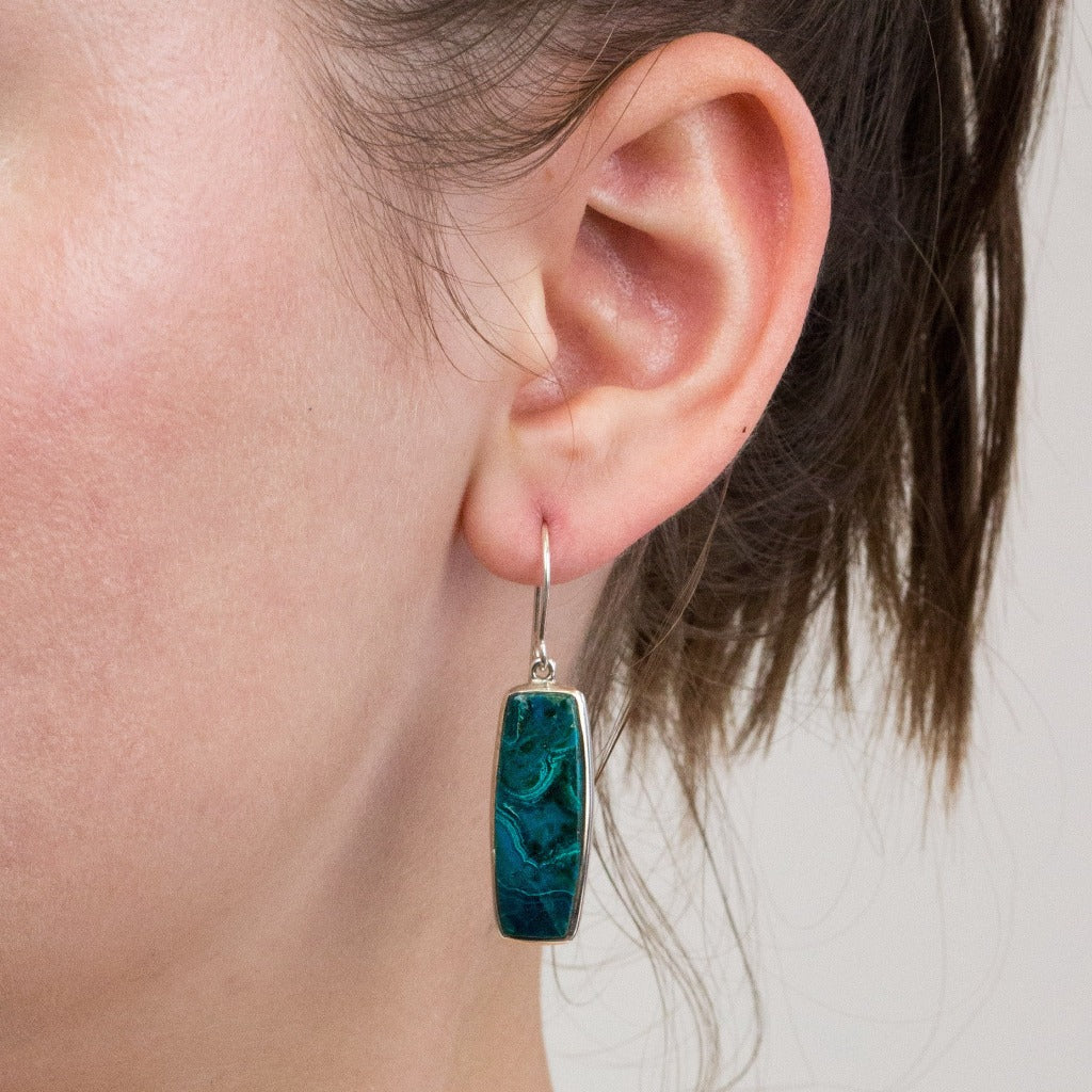 Chrysocolla Malachite drop earrings on model