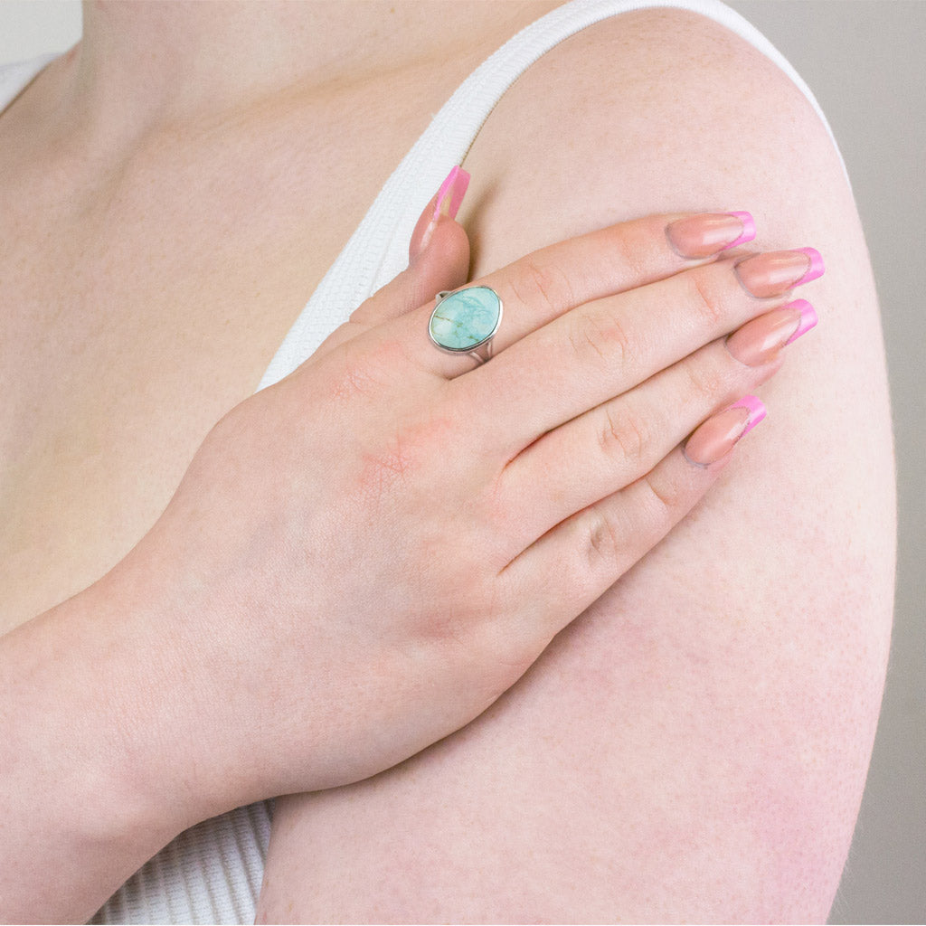 Split Band Cabochon Amaroo Turquoise Ring Made In Earth on model