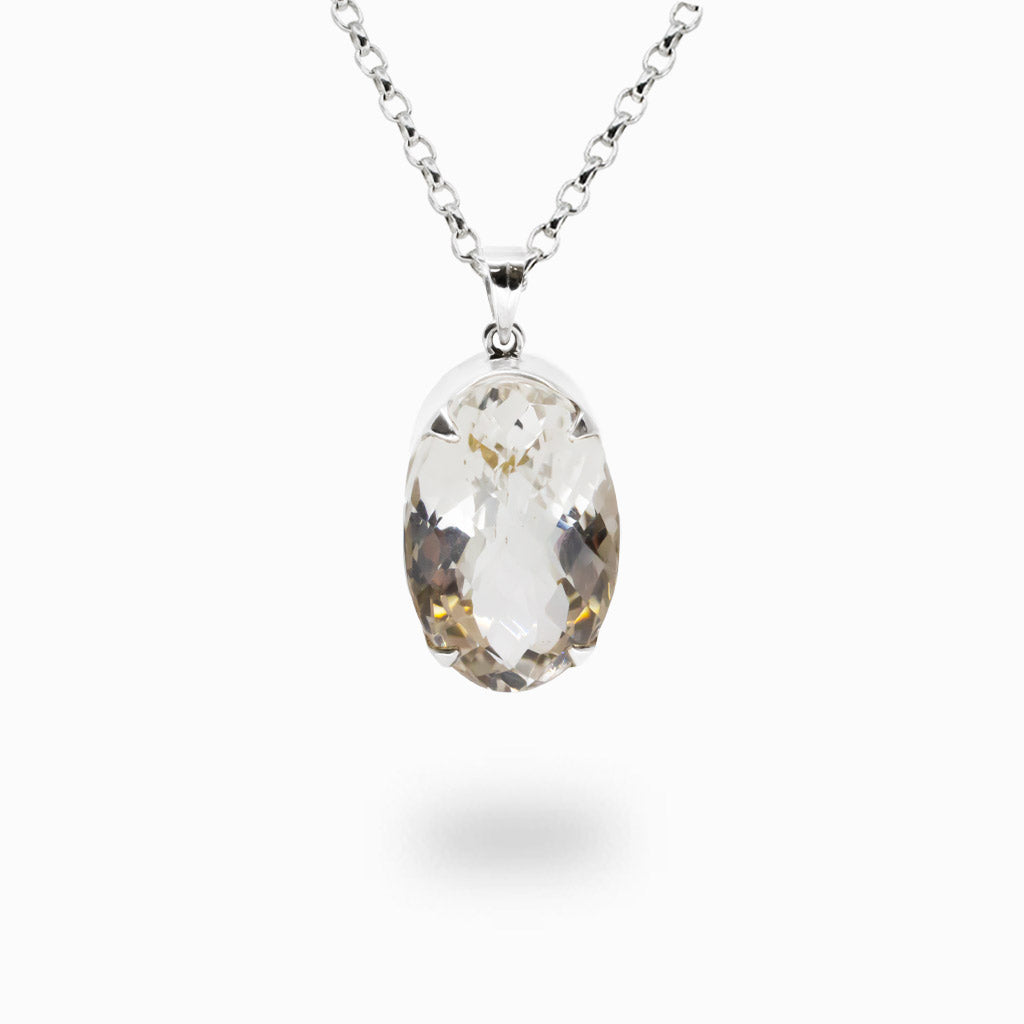 Faceted oval Clear Quartz pendant necklace in sterling silver featuring a transparent natural crystal gemstone.