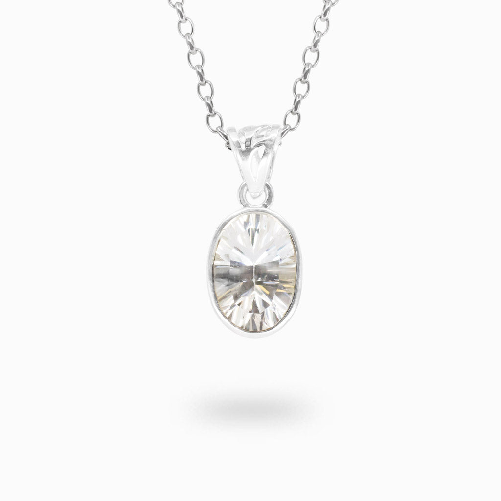 Oval faceted transparent Clear Quartz pendant in a polished 925 sterling silver bezel setting.