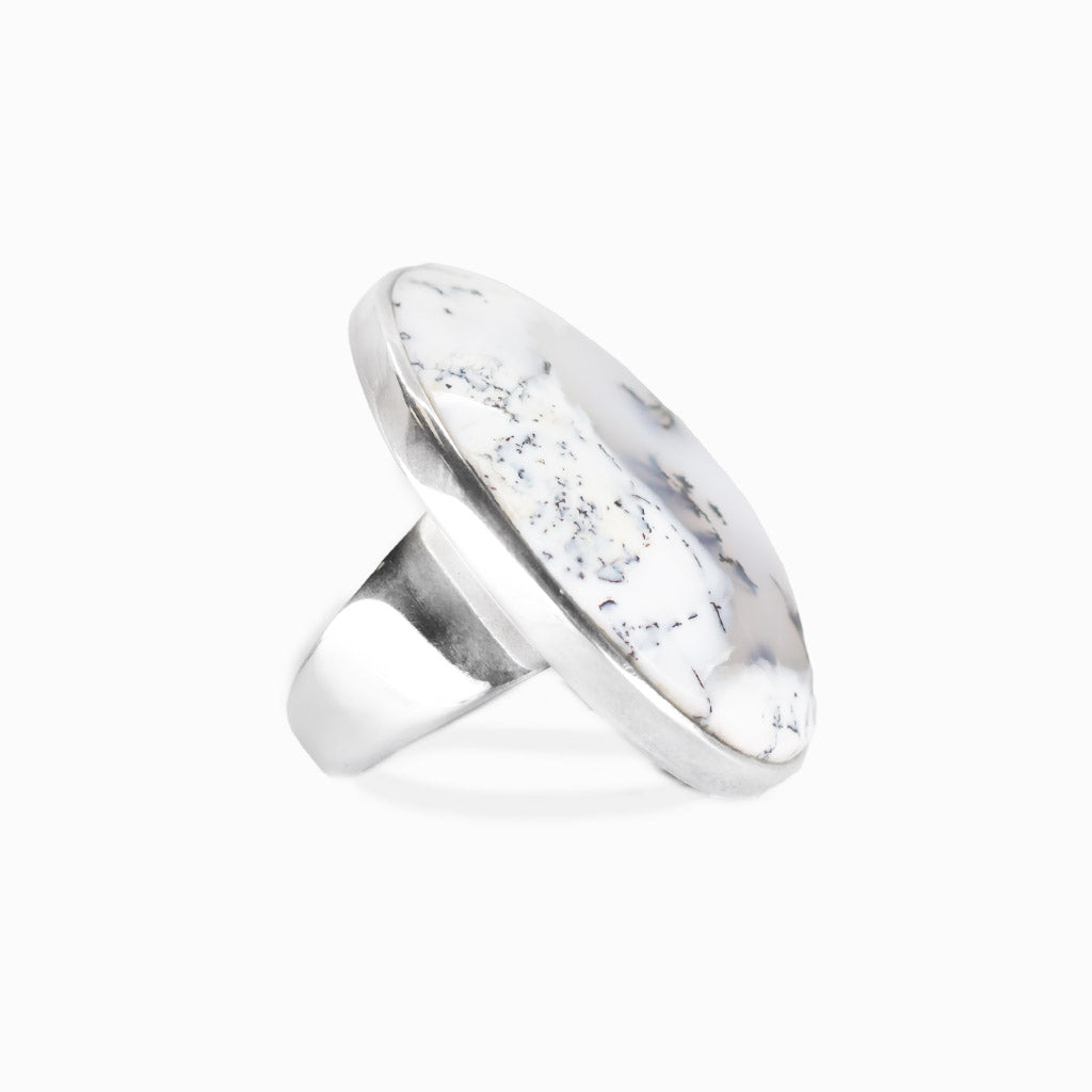 Faceted dendritic opal oval ring in sterling silver