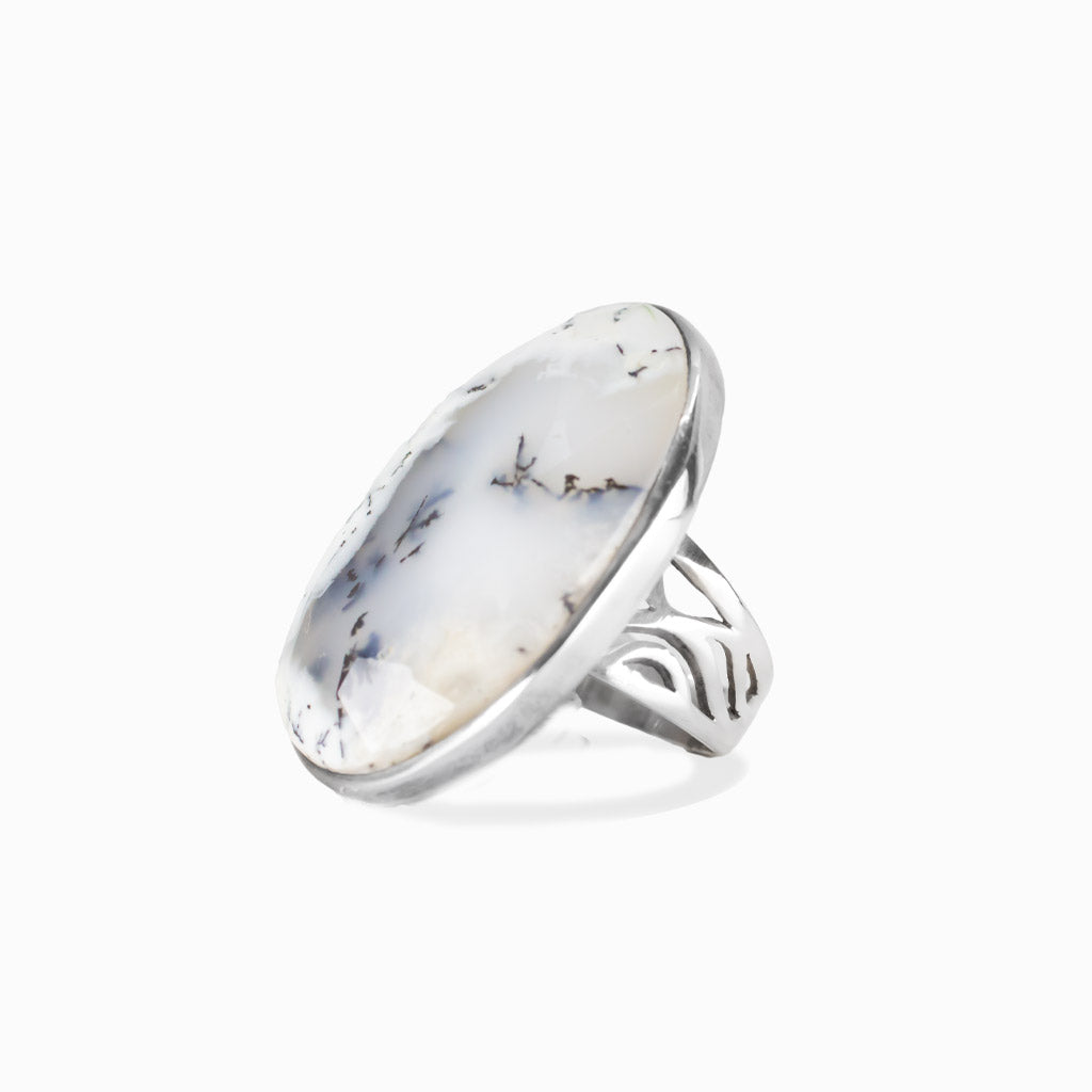 Faceted dendritic opal oval ring in sterling silver