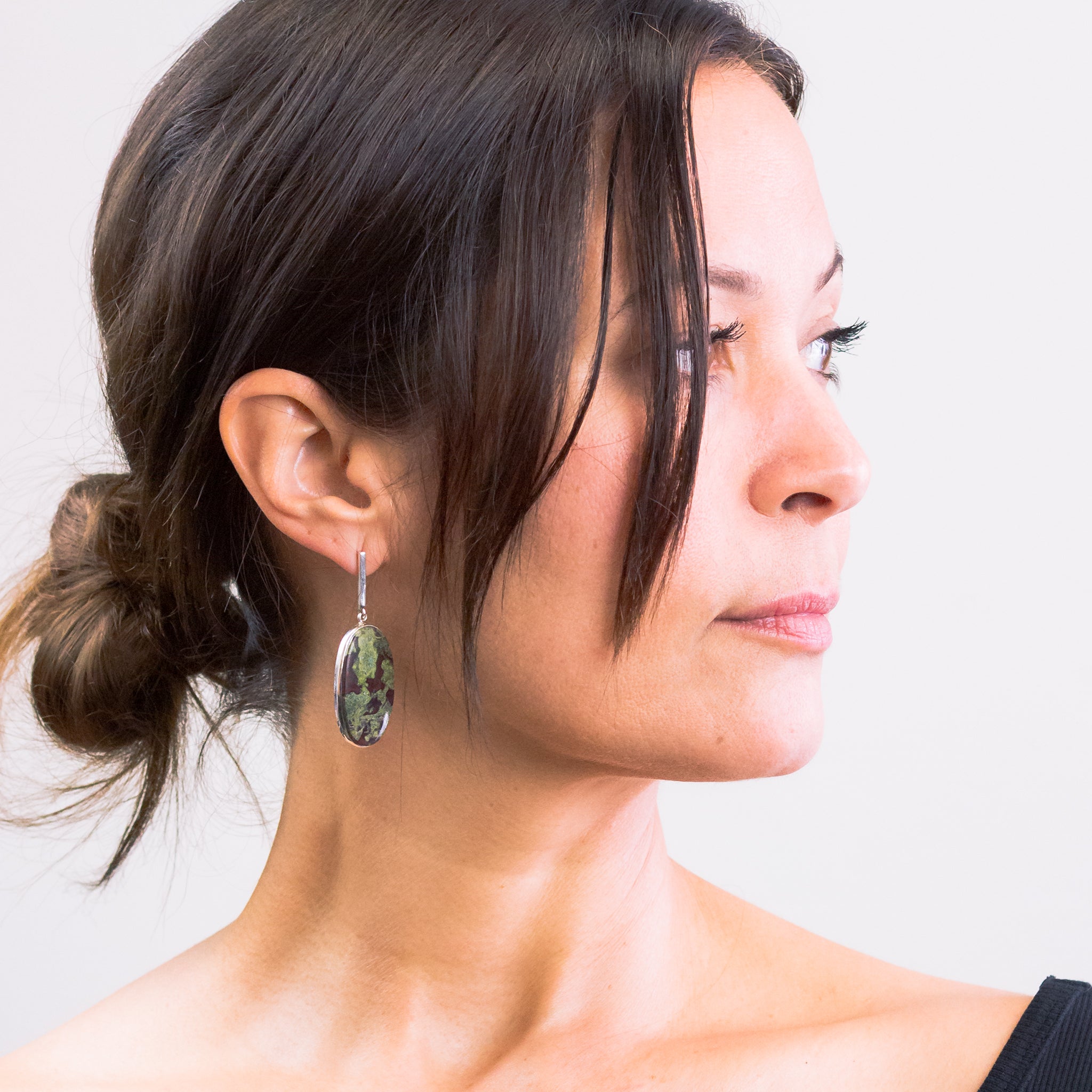 CABOCHON DRAGONS BLOOD JASPER STUD DROP EARRINGS STERLING SILVER ON MODEL| MADE IN EARTH