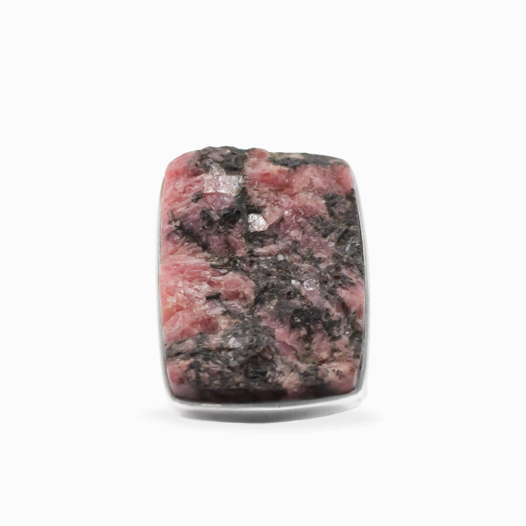 Rectangular freeform Rhodonite ring with natural pink and black mineral patterning set in polished 925 sterling silver.