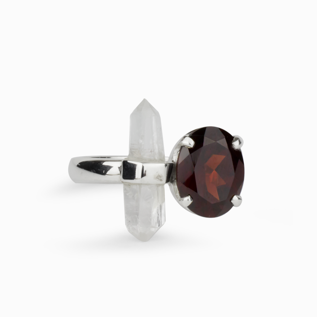 FACETED GARNET AND LASER QUARTZ RING STERLING SILVER | MADE IN EARTH