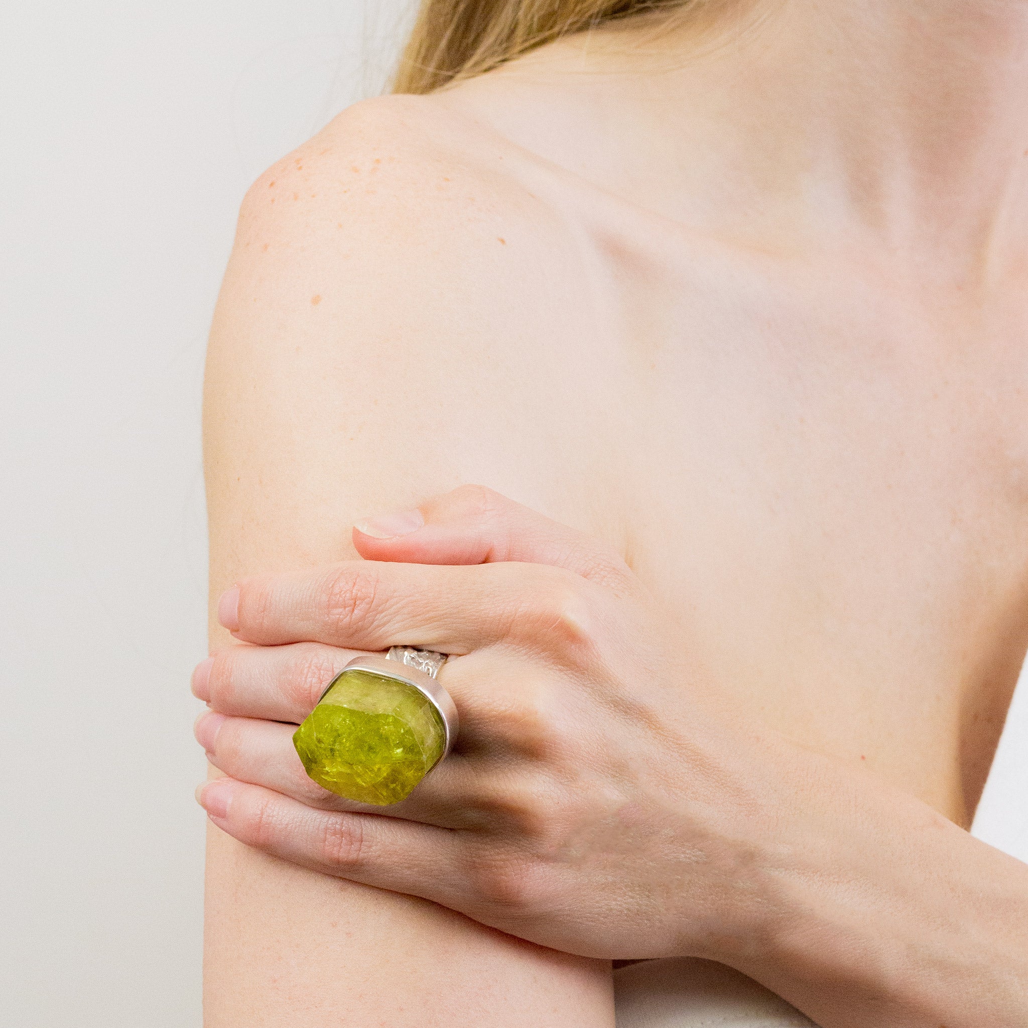 GREEN APATITE RING ON MODEL