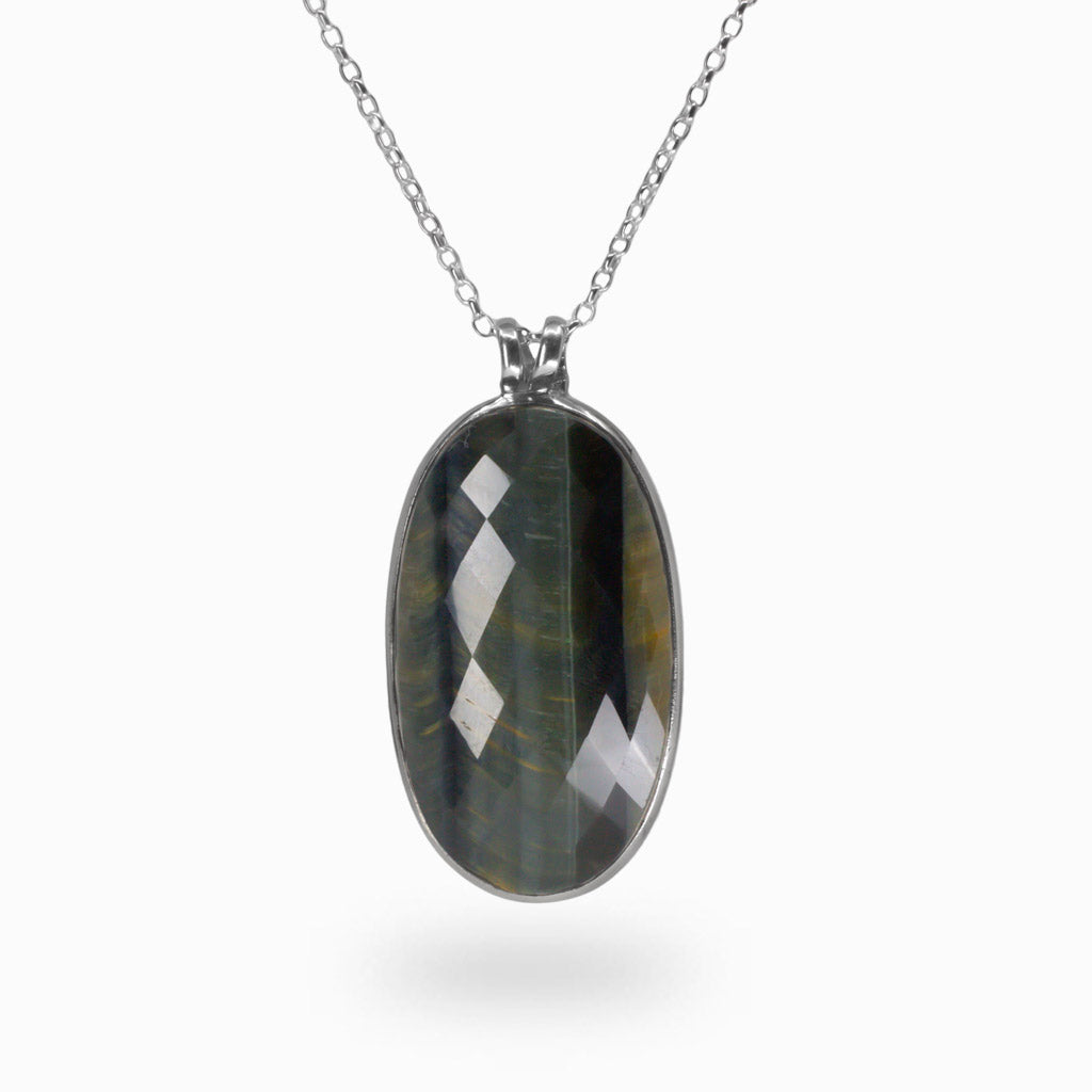 FACETED HAWKSEYE NECKLACE STERLING SILVER