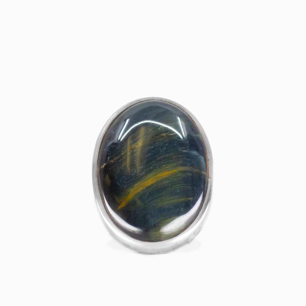 Oval Hawk’s Eye cabochon ring in sterling silver