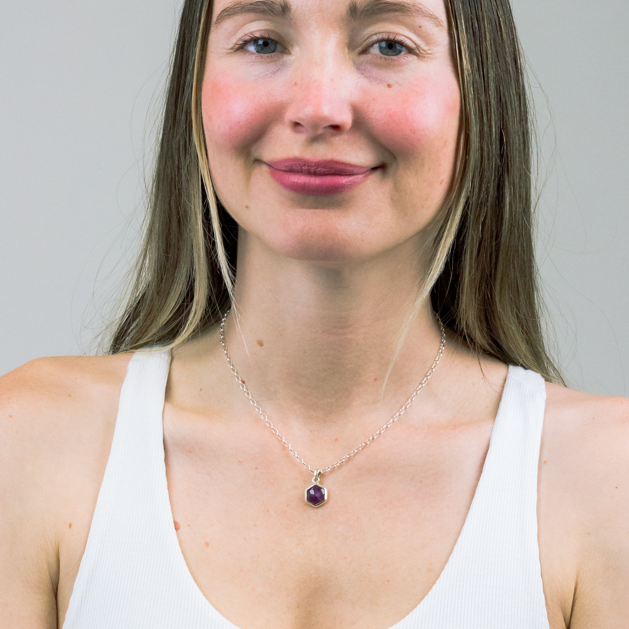 FACETED HEXAGON NECKLACE ON MODEL