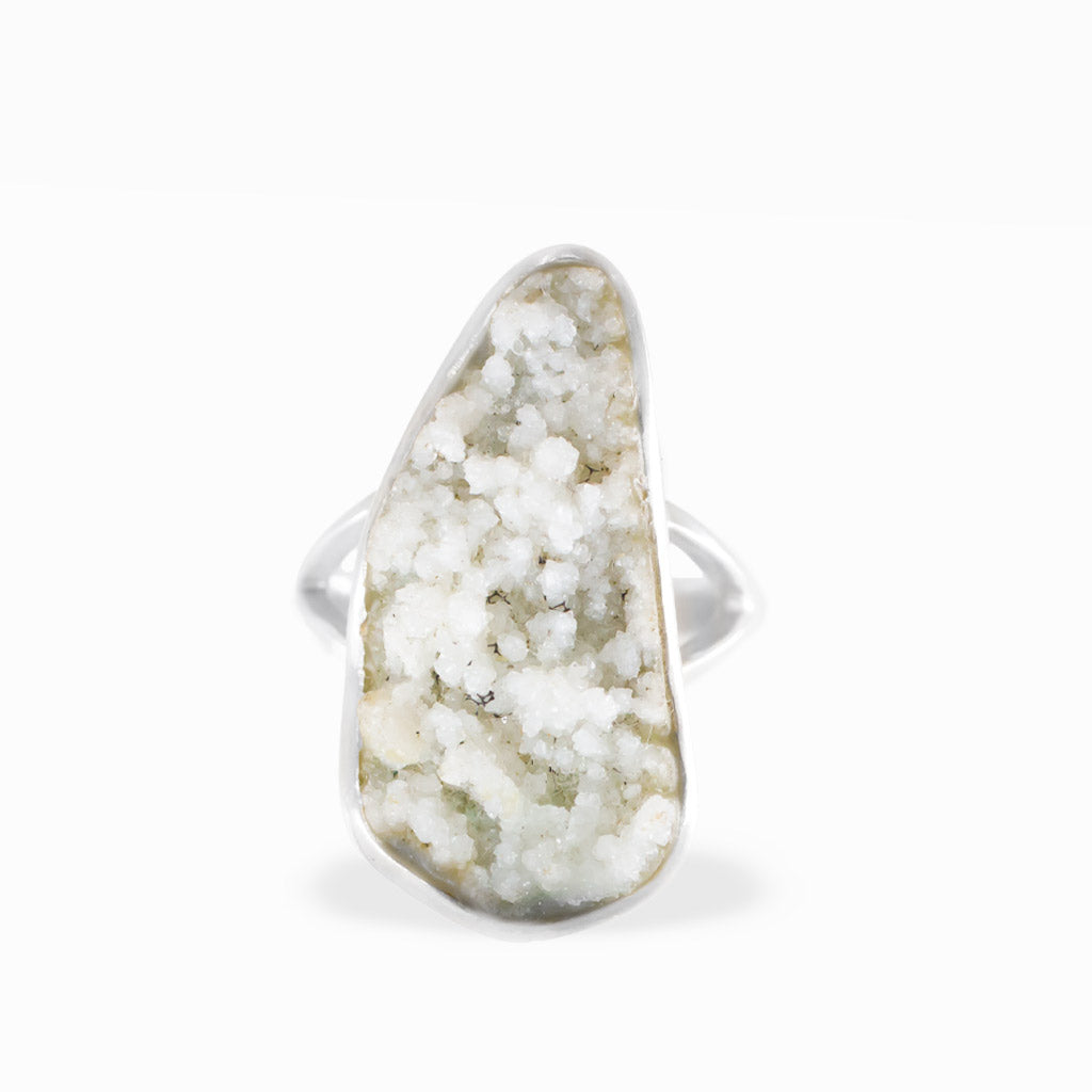 Freeform Hoar Frost ring with delicate white druzy crystal formations, polished sterling silver bezel setting, and split band.