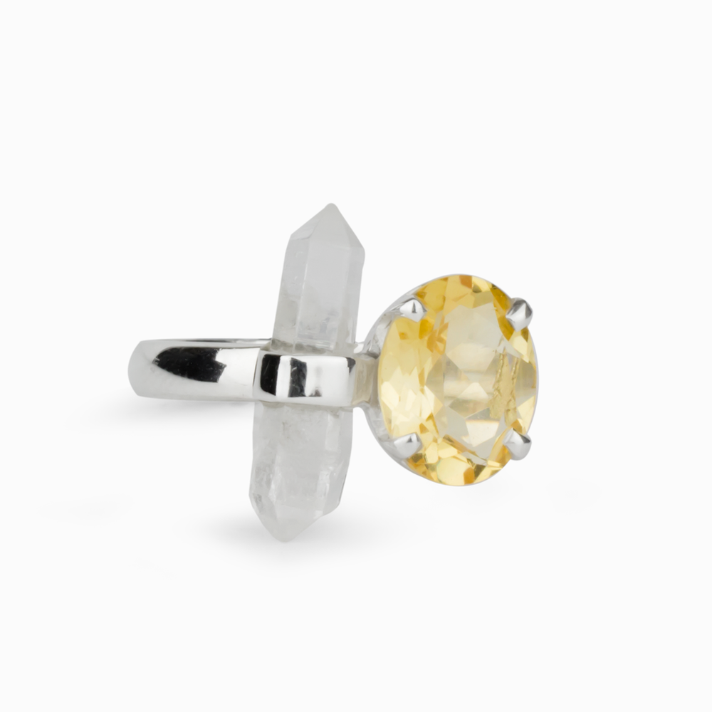 FACETED CITRINE AND CLEAR QUARTZ RING