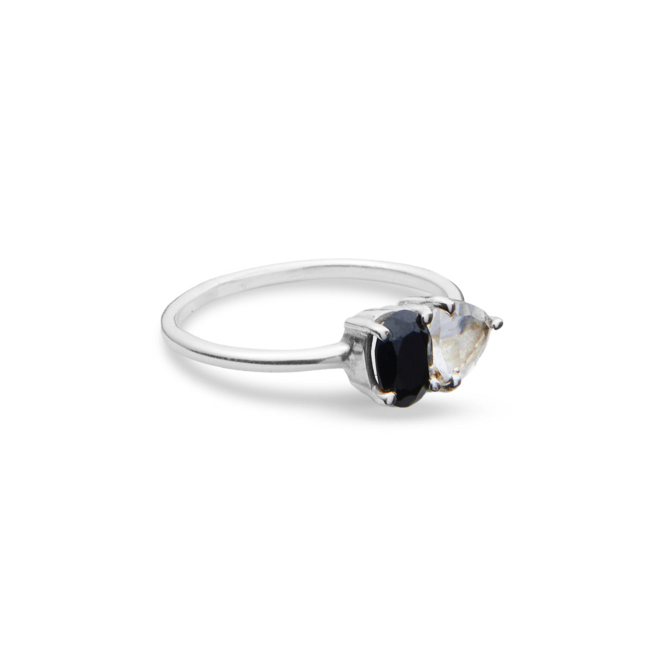 FACETED ONYX AND CLEAR QUARTZ RING STERLING SILVER