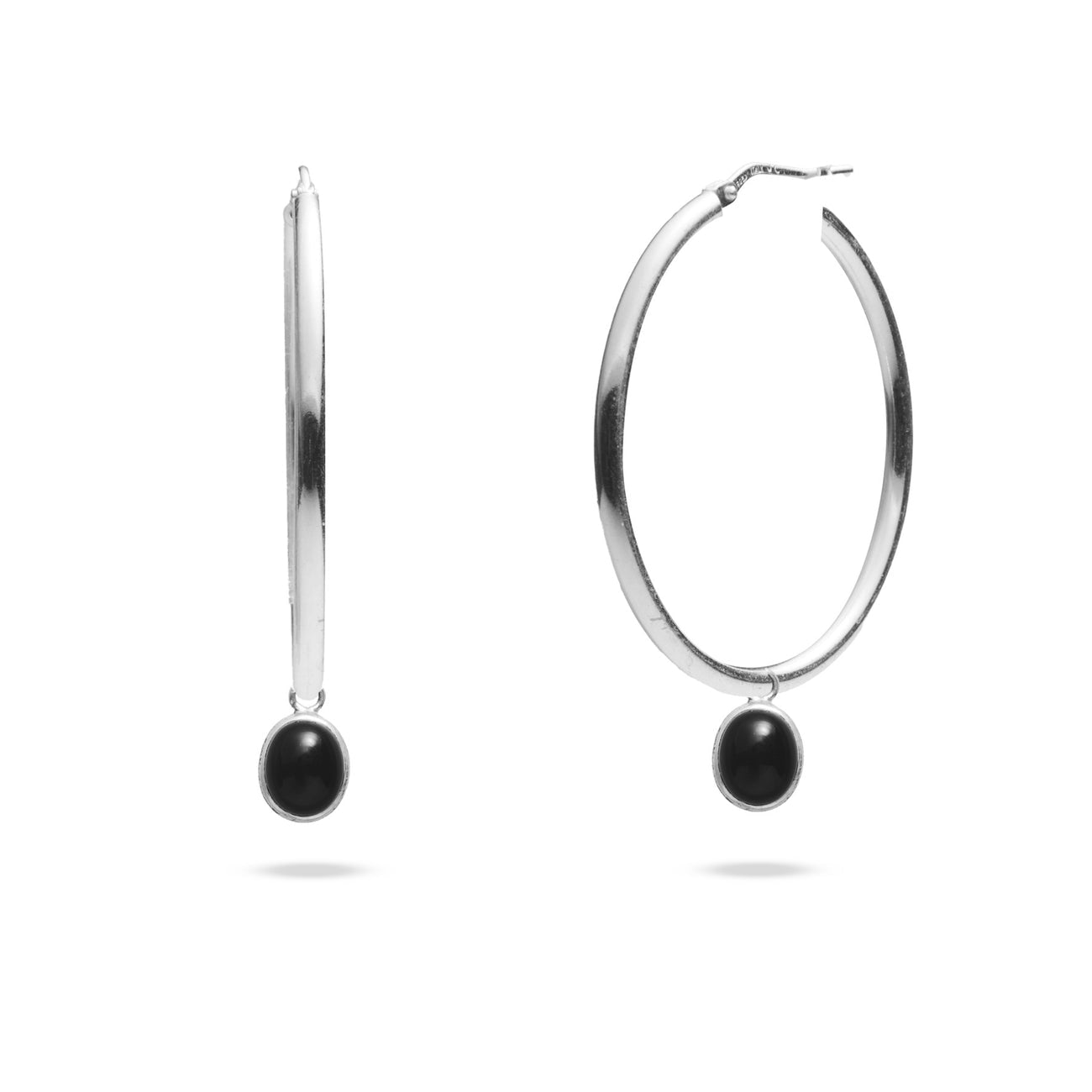 ONYX CABOCHON OVAL BEZEL HOOP CHARMS STERLING SILVER